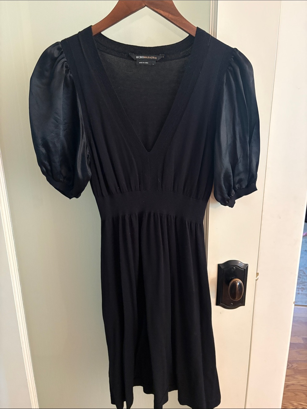 BCBGMaxAzria Black V-Neck Puff Sleeve Mini Dress
